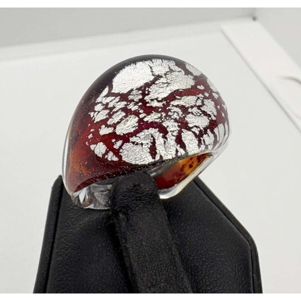 Vintage Handmade Glass Ring Size 7.75 Crackle Red & Silver‎ Retro Funky Lava